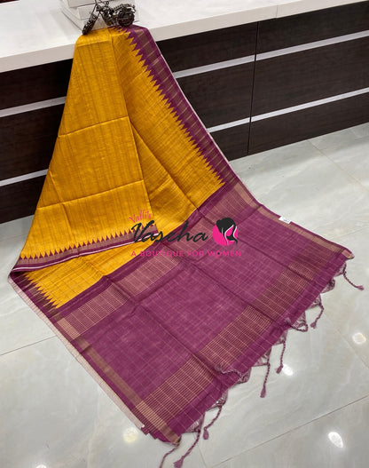 Semi Art Tussar Silk  / Art Silk - Yellow & Purplish Wine - VVATS008