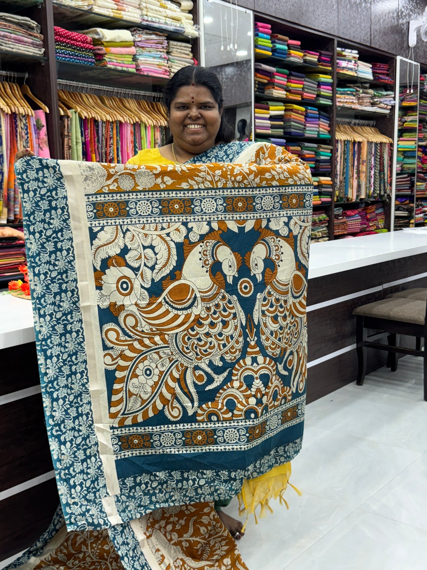 Casual Wear - Semi Silk Mixed - Kalamkari -Mustard Yellow with Ramar Blue - VVSSK001