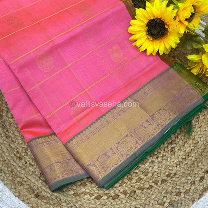 Pure Silk Cotton Saree - Mayil & Chakkaram Design - Pink With Green Shade- VVMC001