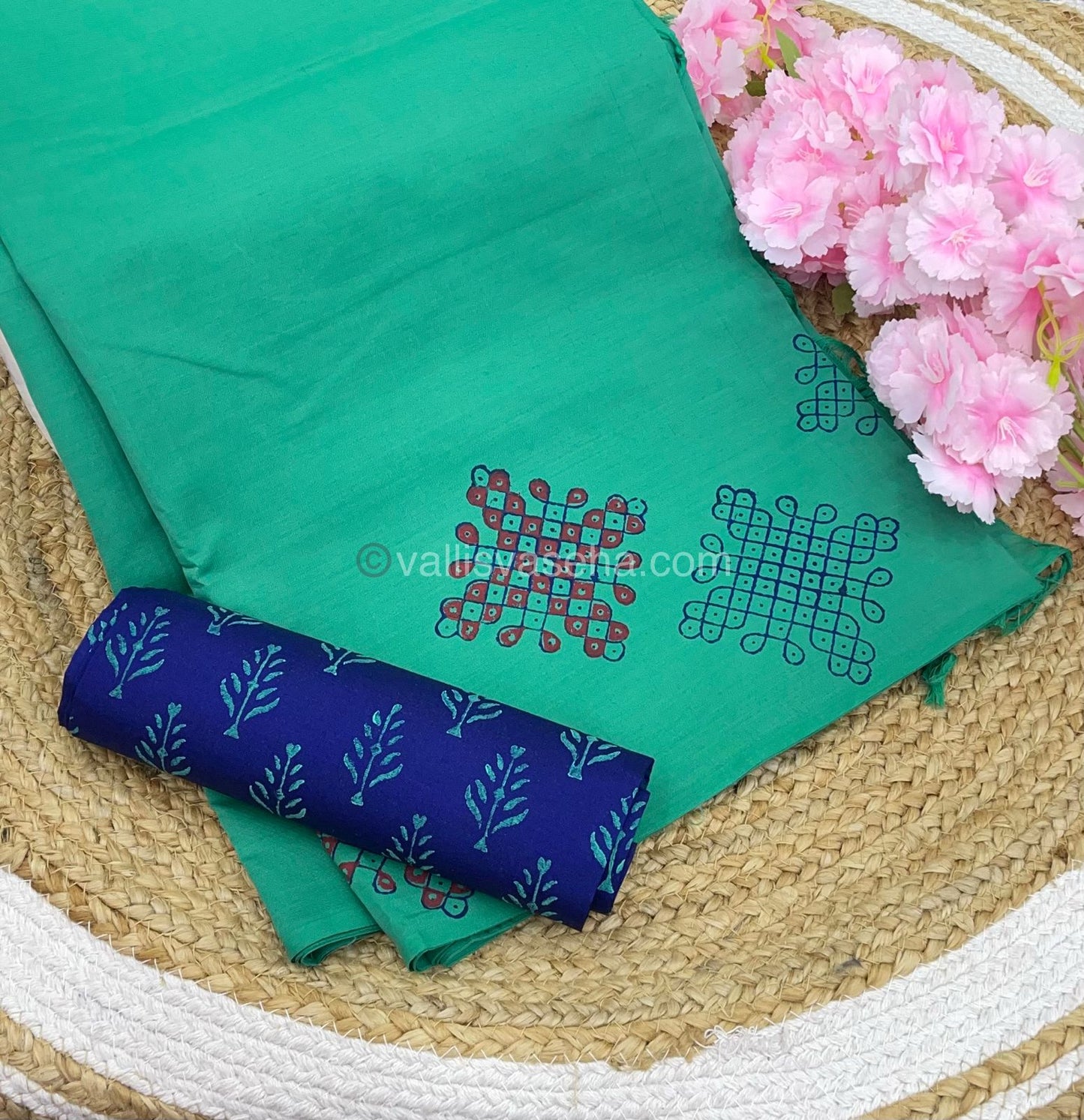 Poly Silk Mixed Printed Cotton - Sea Green with Blue - VVPCP002