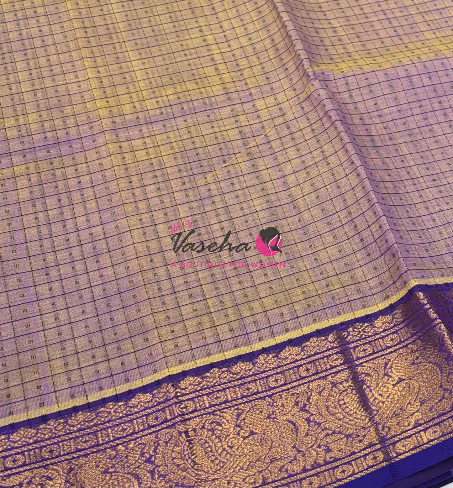 Pure Silk Cotton Saree - Dual Tone Light Lavender With Violetish Blue - Lakshadeepam Design - VVPLD001