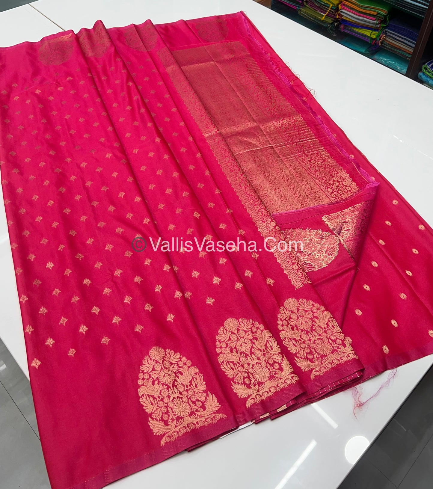 Semi Soft Silk - Tree With Double Birds Butta Border - Pink Shade -VVSSS011