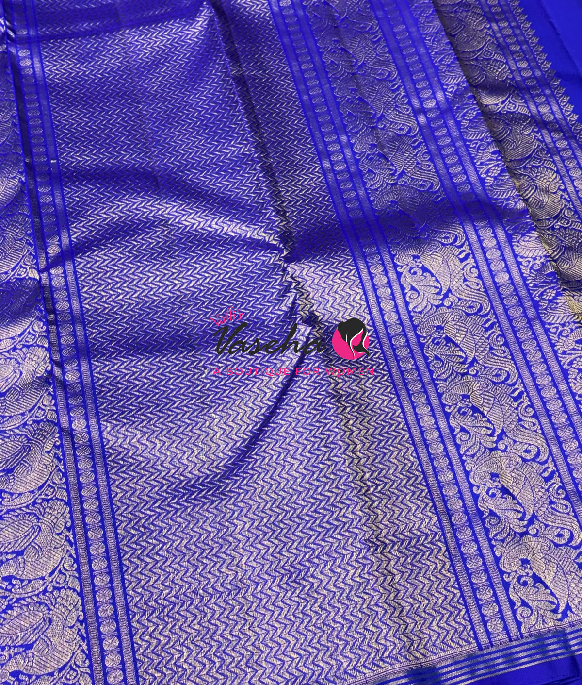 Pure Kanchipuram Silk Saree - Mayil Butta Border - Blue Shade - VVPS006