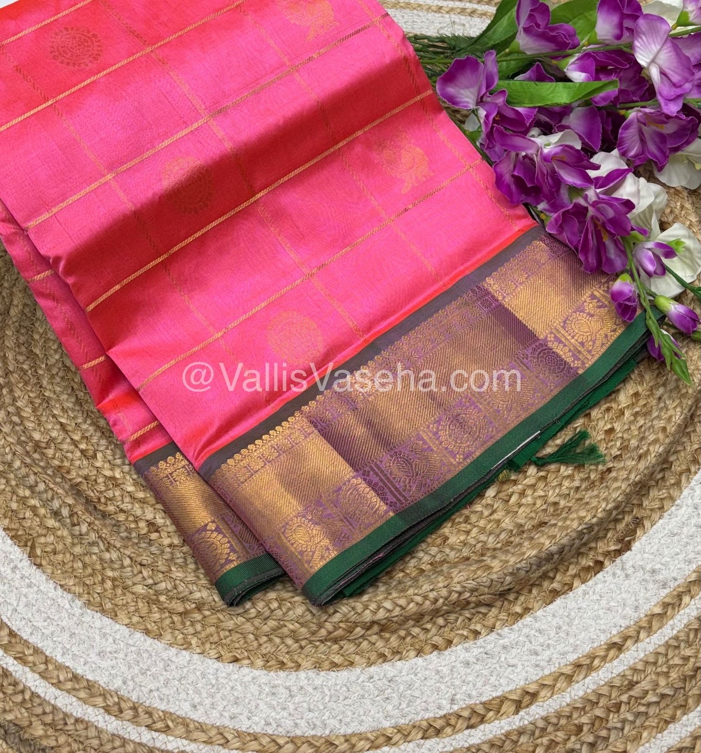 Pure Silk Cotton Saree - Mayil & Chakkaram Design - peachish with Pink Green - VVMC001