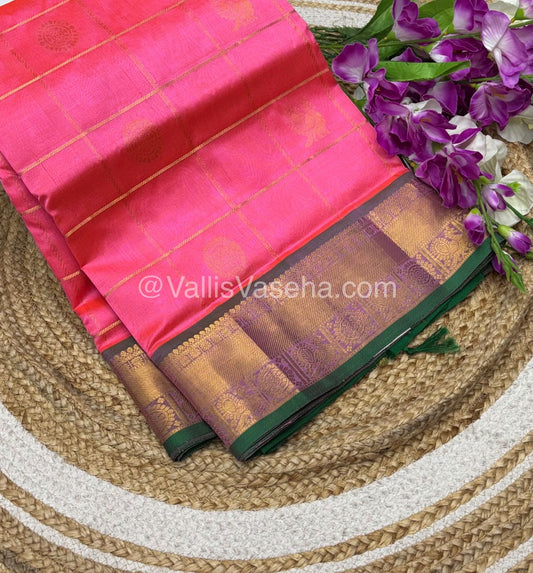 Pure Silk Cotton Saree - Mayil & Chakkaram Design - peachish with Pink Green - VVMC001