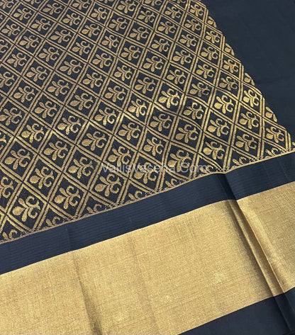 Pure Korvai Silk Cotton Saree - Cream With Black Shade Temple border - VVKSC001