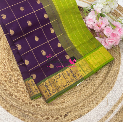 Semi Silk Cotton Saree - Checked Pattern with Butta  - VVSSC013