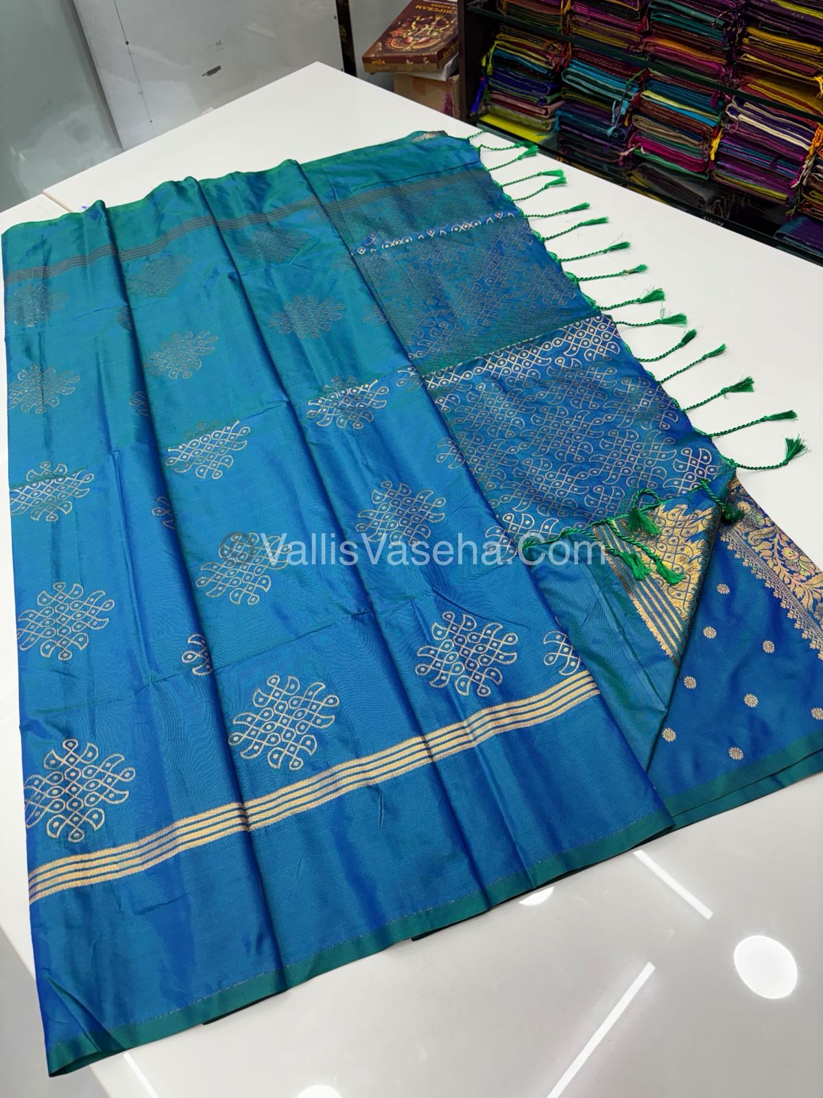 Semi Soft Silk - Kolam Design - Peacock Blue Shade -VVSSS029