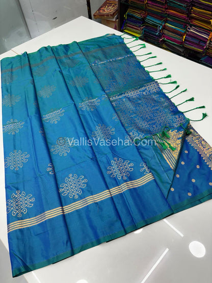 Semi Soft Silk - Kolam Design - Peacock Blue Shade -VVSSS029