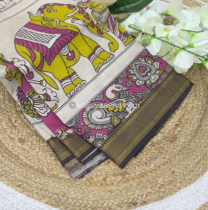 Chennur Silk | Kalamkari Prints | Cream With Coffee Brown -VVCS005