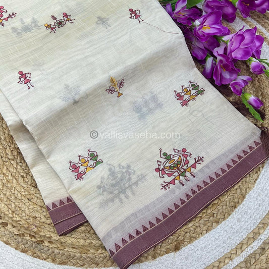 Semi Tussar Embroidery - Cream with Merun Combo - VVSTE001