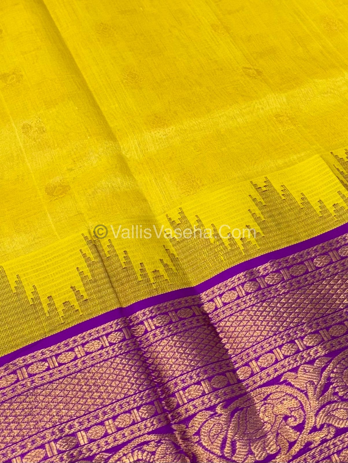 Pure Korvai Silk Cotton Saree - Yellow   with Purple   - VVKSC019