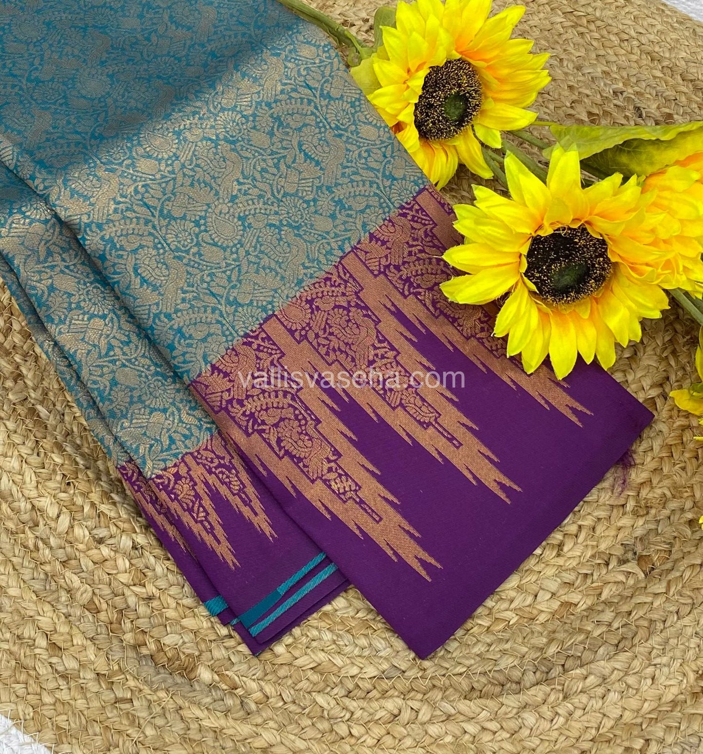 Kanchi Semi Silk - Blue With Purple - Temple Border  - VVKSS001