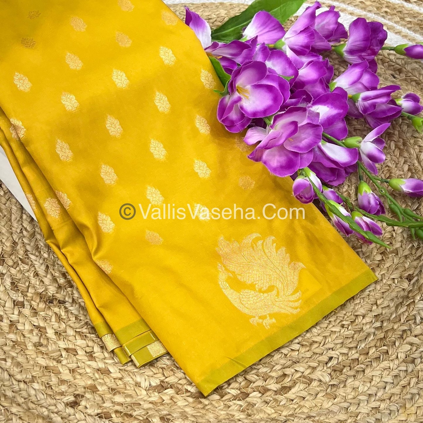 Semi Soft Silk - Peacock Butta Border - Yellowish green Shade -VVSSS014