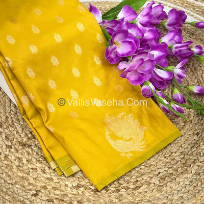 Semi Soft Silk - Peacock Butta Border - Yellowish green Shade -VVSSS014