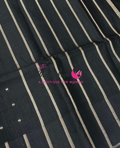 Semi Matka Tussar Silk Saree | Double Blouse | Black Shade |VVSTS052