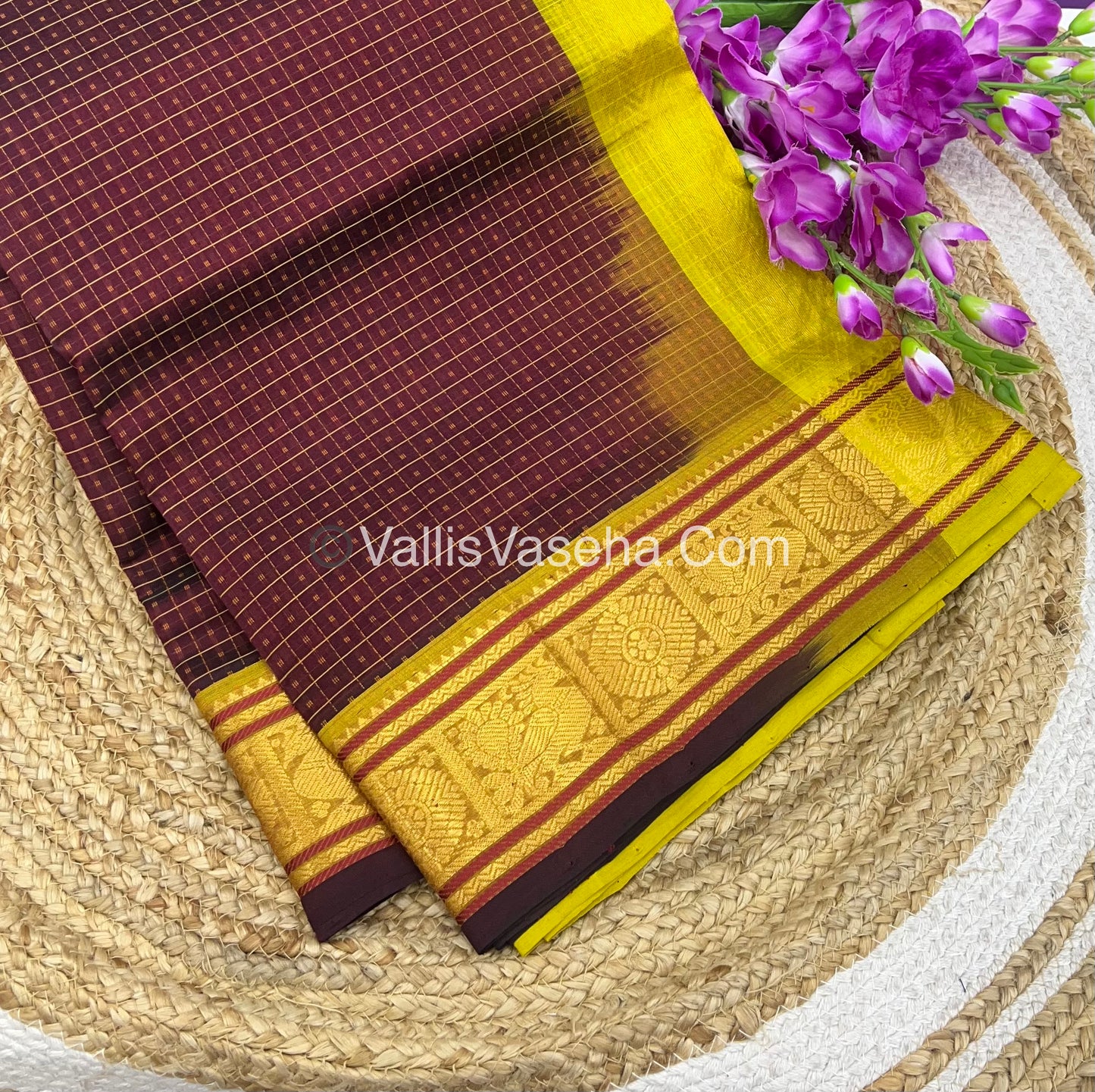 Pure Silk Cotton Saree - Brown With Lemon Yellow Shade - Lakshadeepam Design - VVPLD001