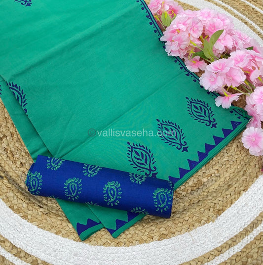 Poly Silk Mixed Printed Cotton - Sea Green With Blue - VVPCP002