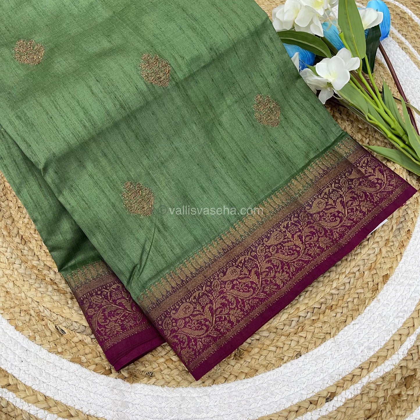 Bamboo Silk Saree - Mehendi Green with Dark Purple Shade - VVBSS001