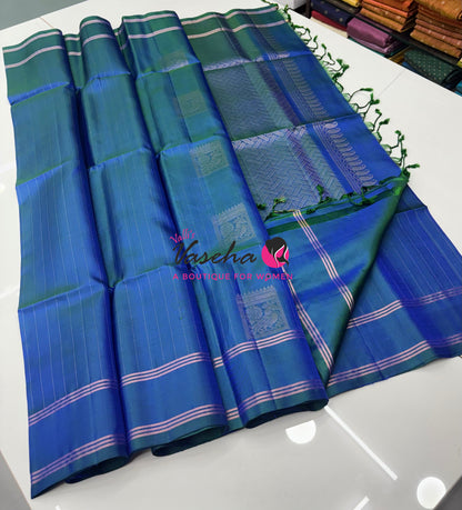 Pure Soft Silk Saree  - Peacock Blue Shade - VVPSS134