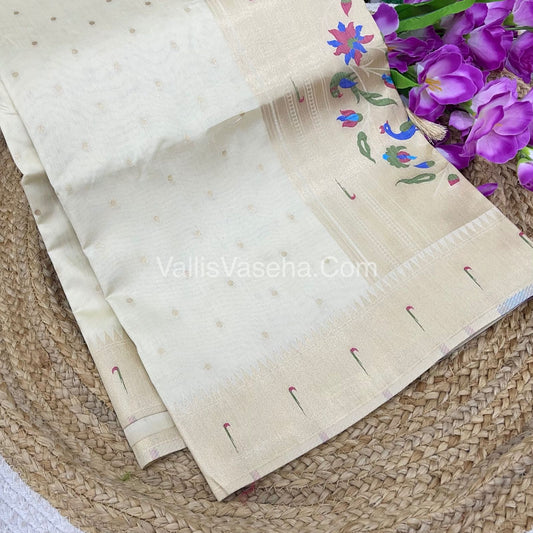 Semi Raw Silk - Paithani Design Weaving - White Shade - VVRS005