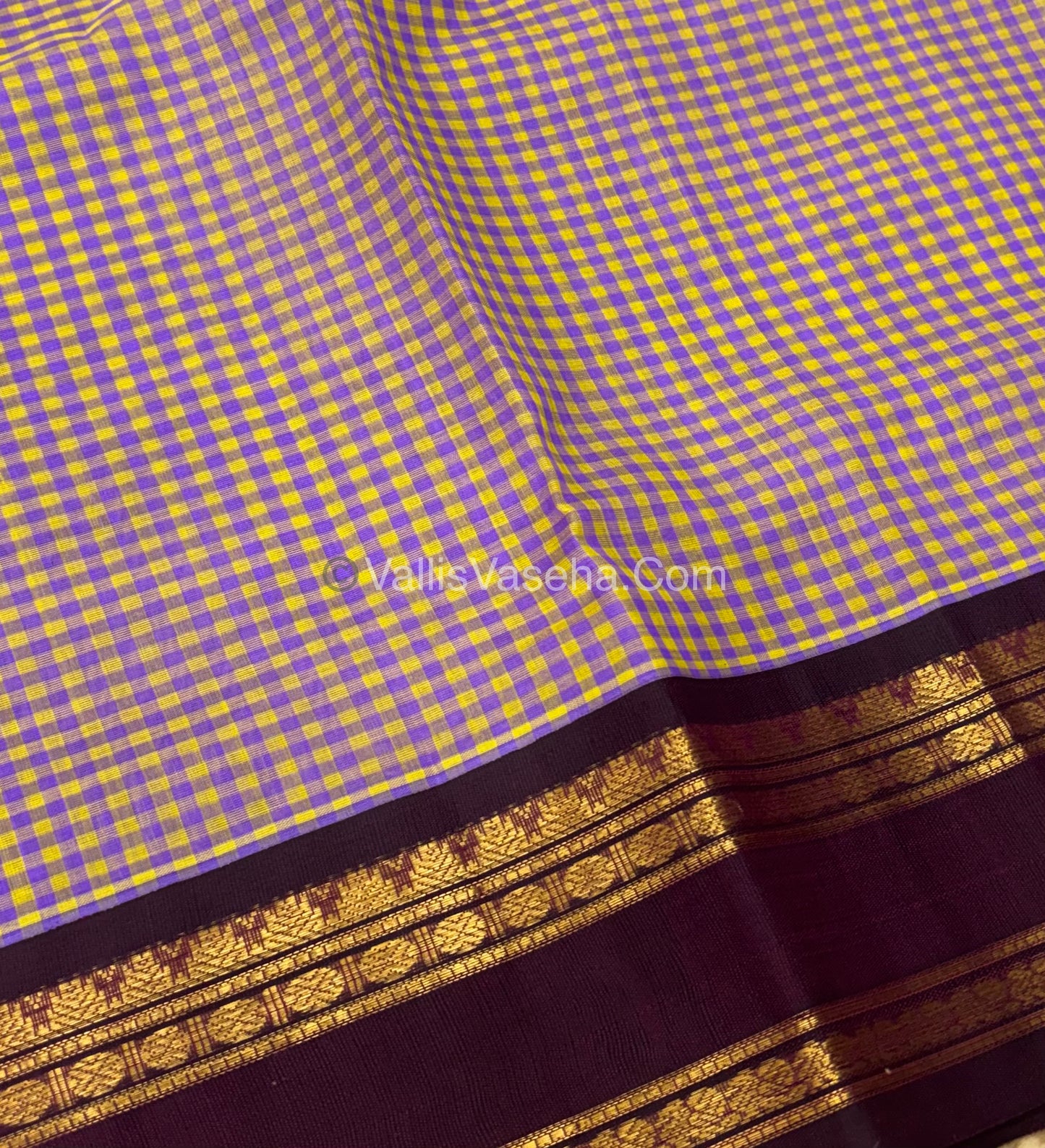 Pure Korvai Silk Cotton - Podi Kattam - Retta Petta Border - Yellow & Purple & with Wine  - VVKSC003