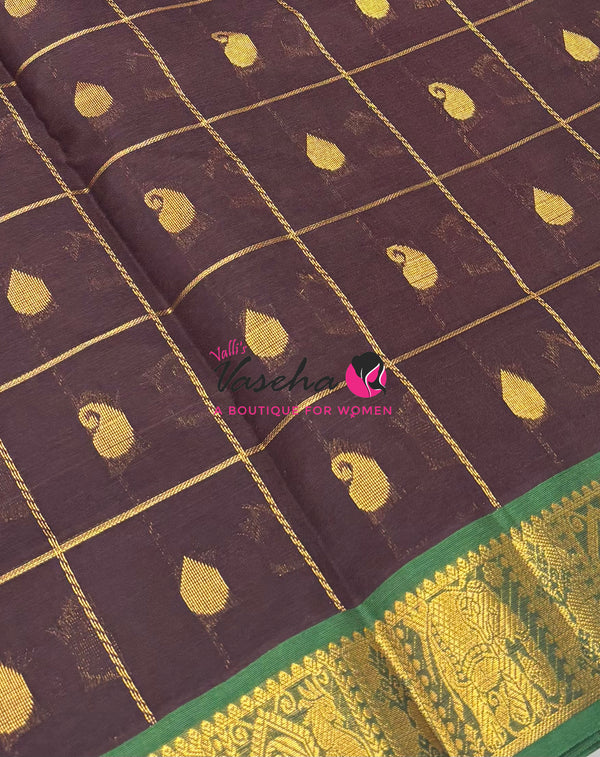 Pure silk  Cotton Saree - Checked Pattern with Butta - Coffee Brown & Green Shade - VVSCC005