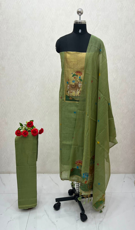 Unstitched Linen Material |Green  Shade | VVUSM081
