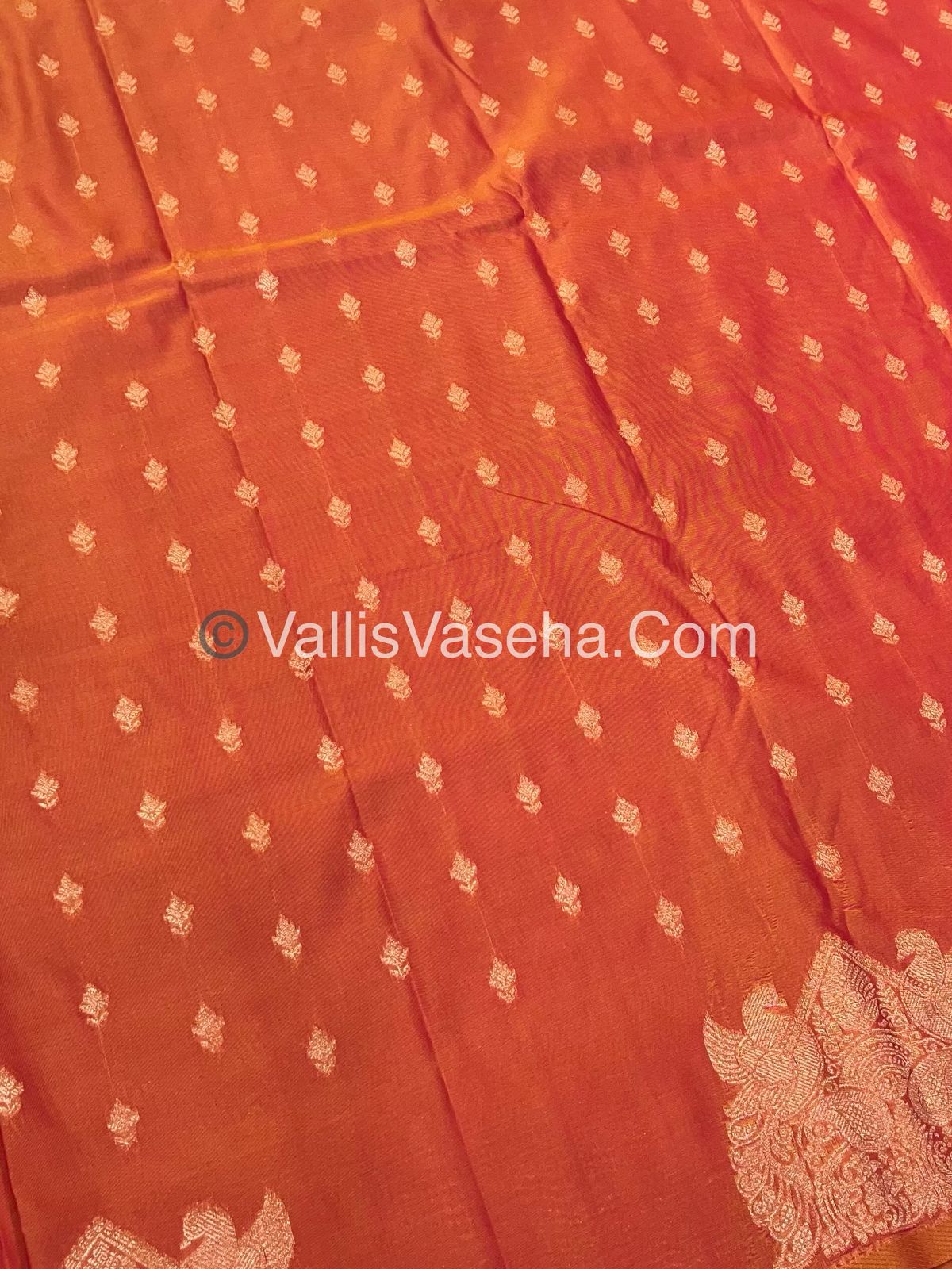 Semi Soft Silk - Peacock & Mango Butta Border - Peachish Orange Shade -VVSSS015
