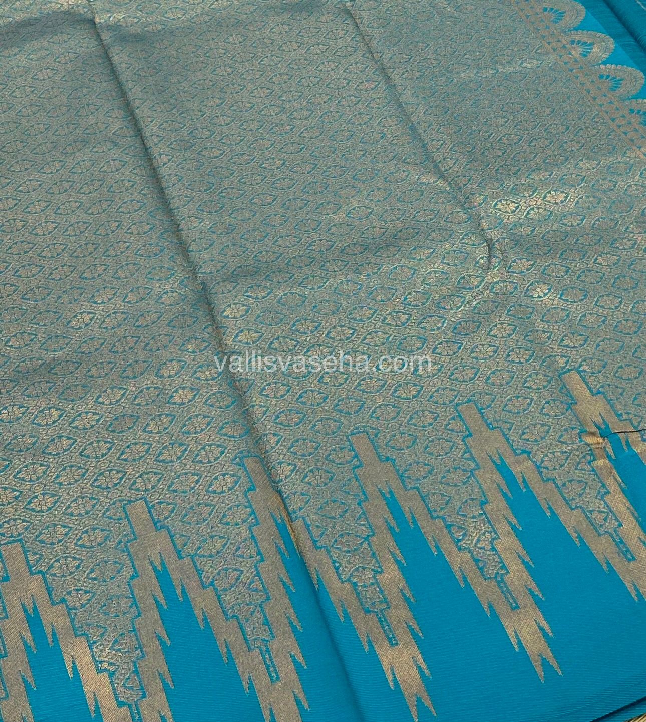 Kanchi Semi Silk - Cream with Ramar Blue - Temple Border  - VVKSS001