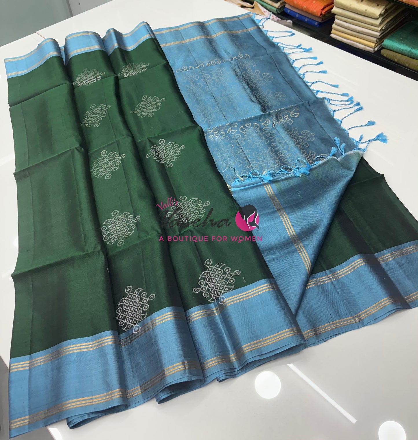 Pure Soft Silk Saree - (1.75 Warp) Kolam Design - Shade Of Green & Blue Shade - VVPSS074