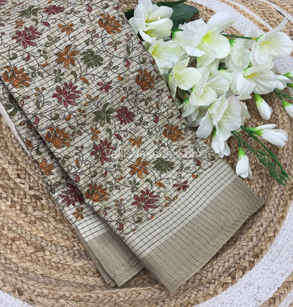 Light Weight Fancy Mixed Kota Cotton -  Floral  Printed Saree - Cream Shade - VVKPC002