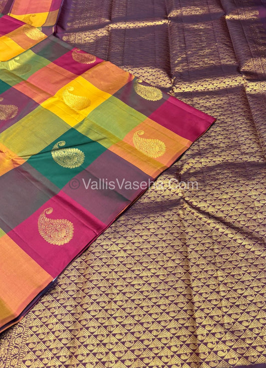 Pure Kanchipuram Silk Saree - Pazhum Pazhamum Checks - VVPS017