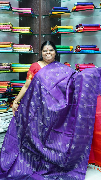 Pure Soft Silk Saree - Vaira Voosi design - Purple With Peachish Pink Combo - VVPSS016