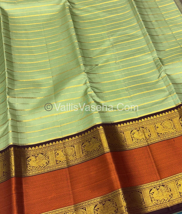 Pure Vintage Korvai Kanchipuram Silk Saree - Pastel Green & Wine Brown Combo - VVPS034