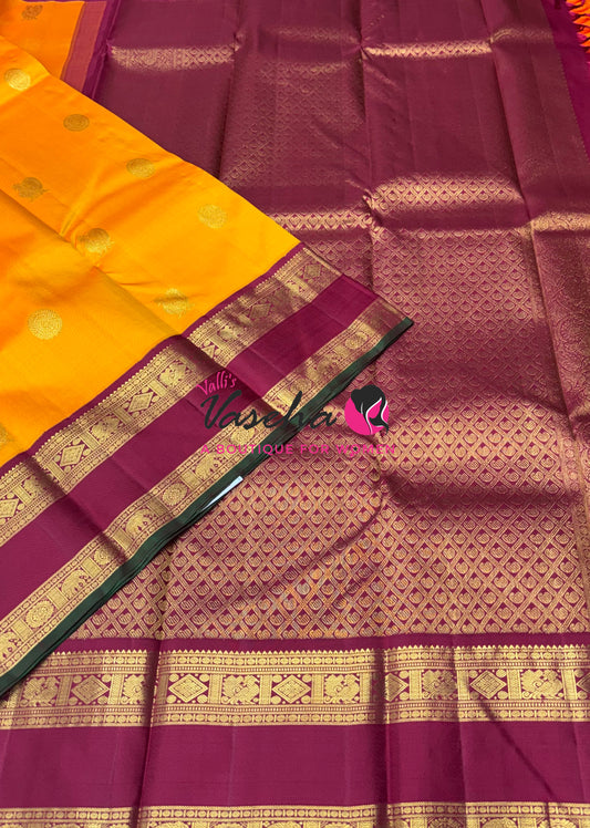 Pure Vintage Korvai Kanchipuram Silk Saree - Yellow & Maroon Combo - VVPS071