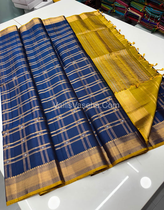 Pure Soft Silk Saree - Kanchi Border - Blue & Gold Yellow Combo - VVPSS057