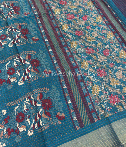 Light Weight Fancy Mixed Kota Cotton - Floral Design Printed Saree - Ramar Blue Shade - VVKPC002