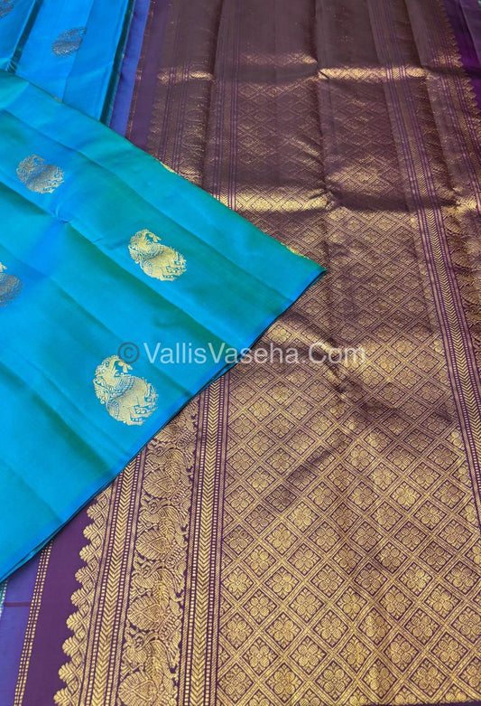 Pure Kanchipuram Silk Saree - Borderless - Blue with purple- VVPS043