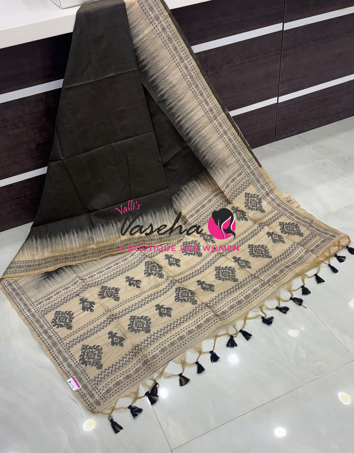 Semi Jute Silk Saree - Black With Cream Shade - VVSJS003