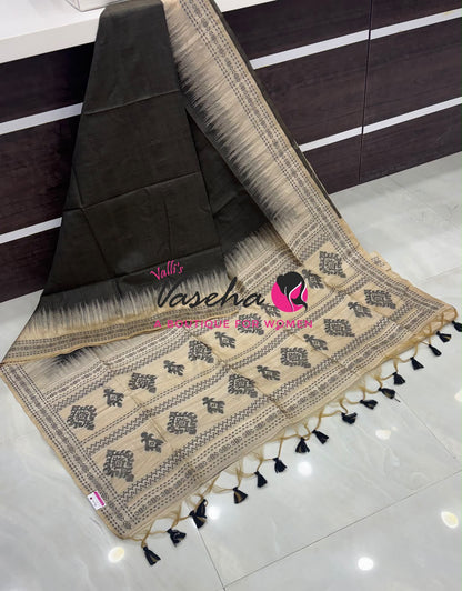 Semi Jute Silk Saree - Black With Cream Shade - VVSJS003