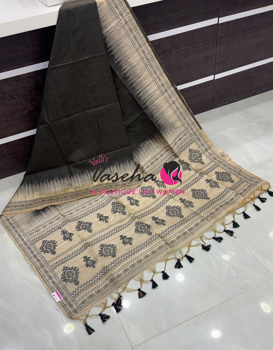 Semi Jute Silk Saree - Black With Cream Shade - VVSJS003