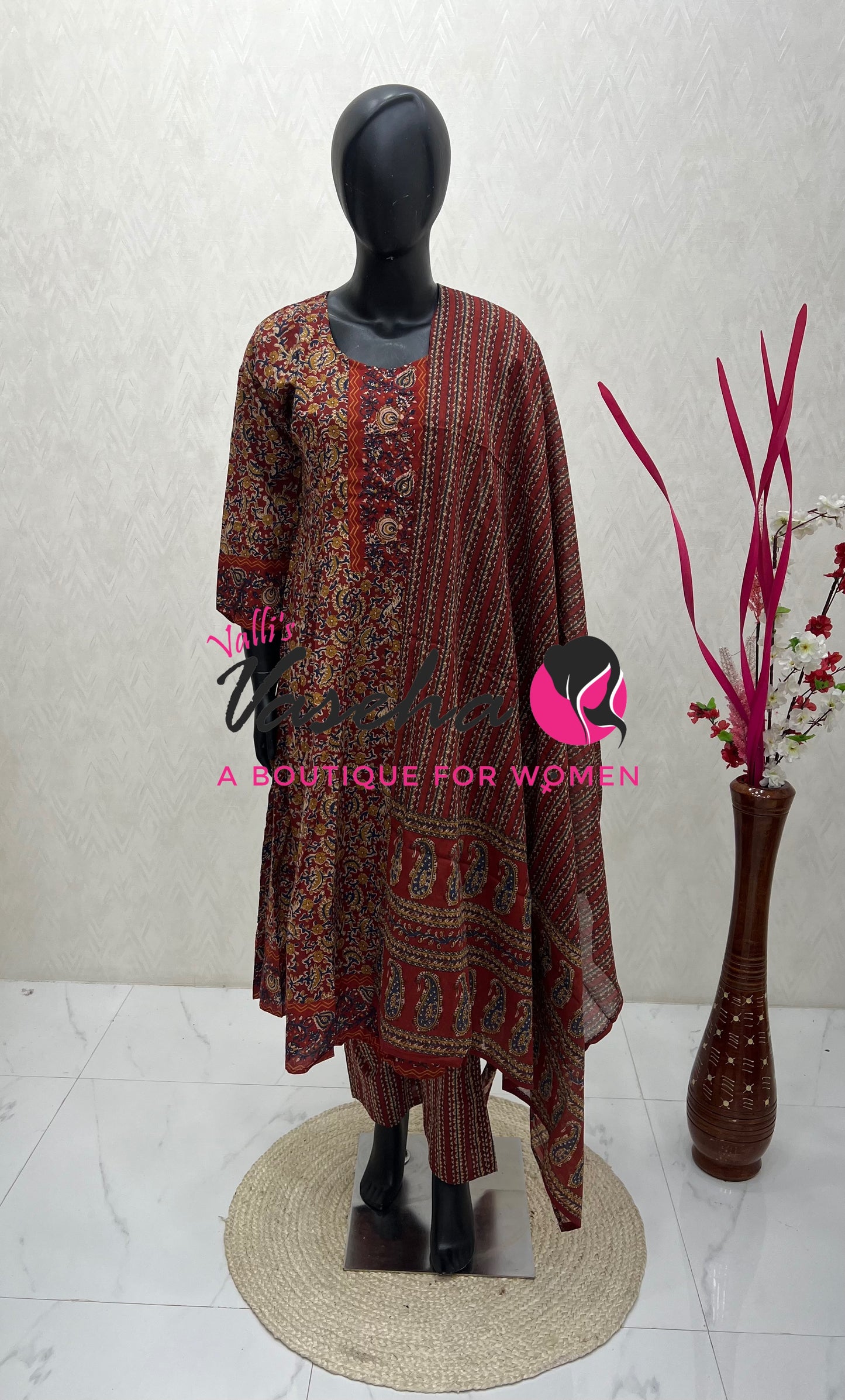 Ready Made | Anarkali - Kalamkari Print |Salwar, Kameez & Duppatta(3pc)|Cotton |Merun- VVAS008