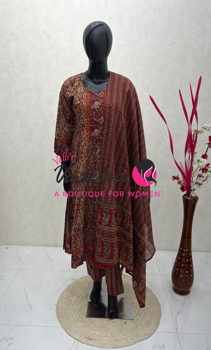 Ready Made | Anarkali - Kalamkari Print |Salwar, Kameez & Duppatta(3pc)|Cotton |Merun- VVAS008