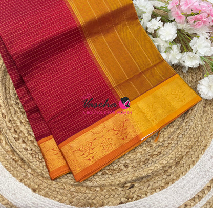 Pure Silk Cotton Saree - Red With Mango Yellow - Lakshadeepam Design - VVPLD004