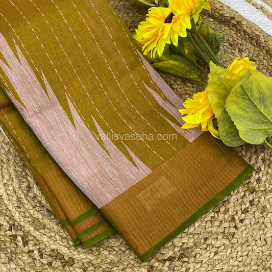 Semi Tussar Silk - Temple border - Mehendi Green  Shade - VVSTS001