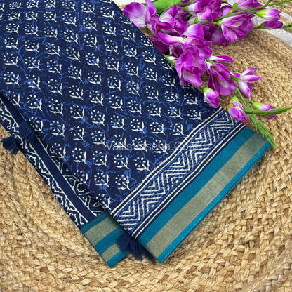 Semi Maheshwari Mixed Cotton Saree - Linen Feel - Indigo Blue & Blue - VVMSC003