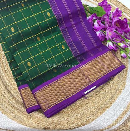 Pure Korvai Silk Cotton - Checks Pattern - Green with Purple Shade  - VVKSC015