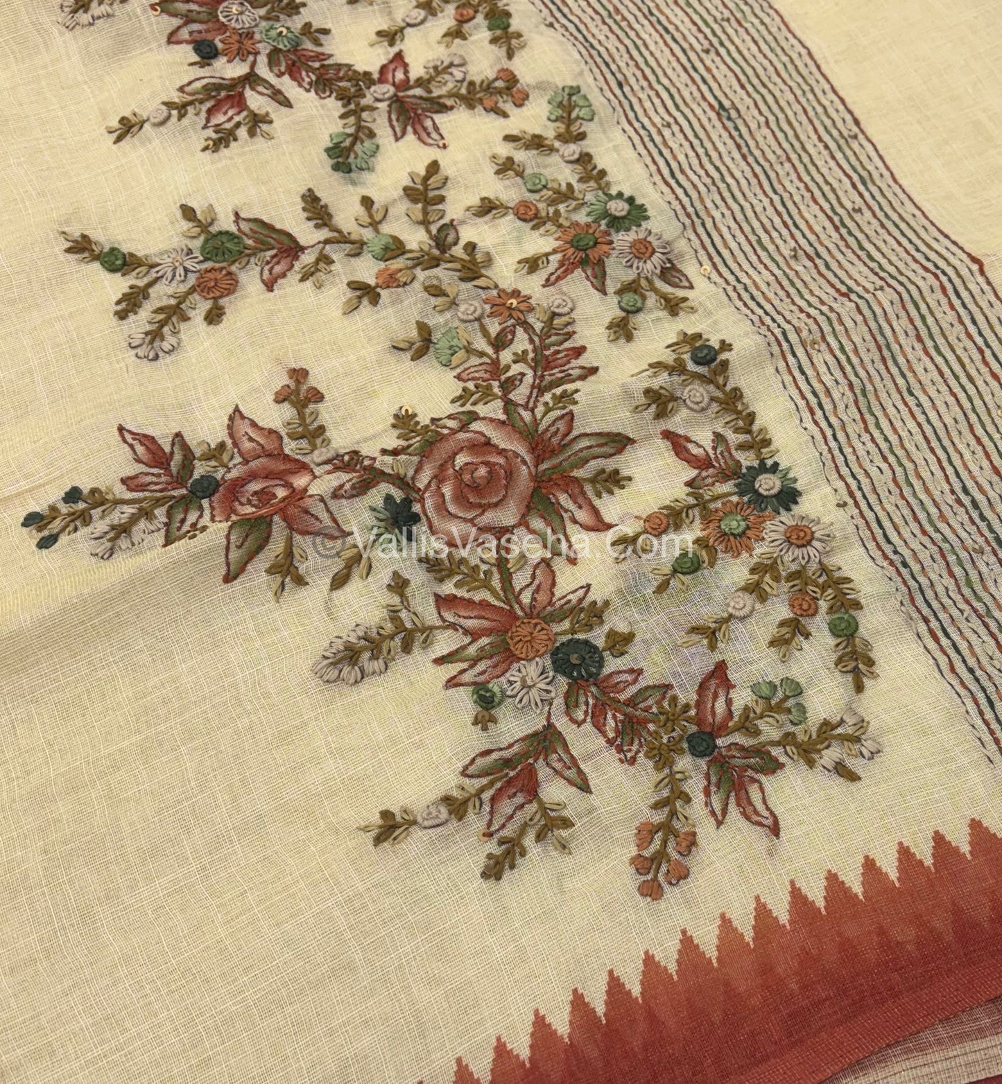 French Knot - Tissue Saree - Cream With Rust Orange Shade - VVLFN007