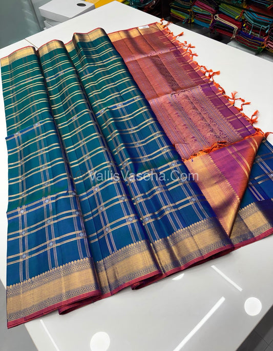 Pure Soft Silk Saree - Kanchi Border - Peacock Blue & Pink Combo - VVPSS057